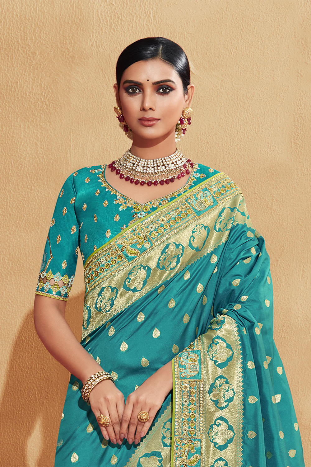 Light Blue with Green Stunning Designer Bridal Dola Silk Saree with Heavy Embroidered Blouse