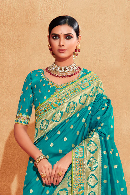 Light Blue with Green Stunning Designer Bridal Dola Silk Saree with Heavy Embroidered Blouse