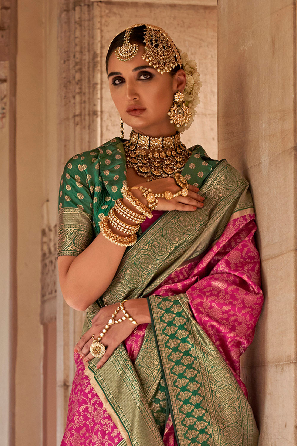 Queen Pink & Green Designer Kanjeevaram Style Trendy Bollywood Saree with Beautiful Blouse