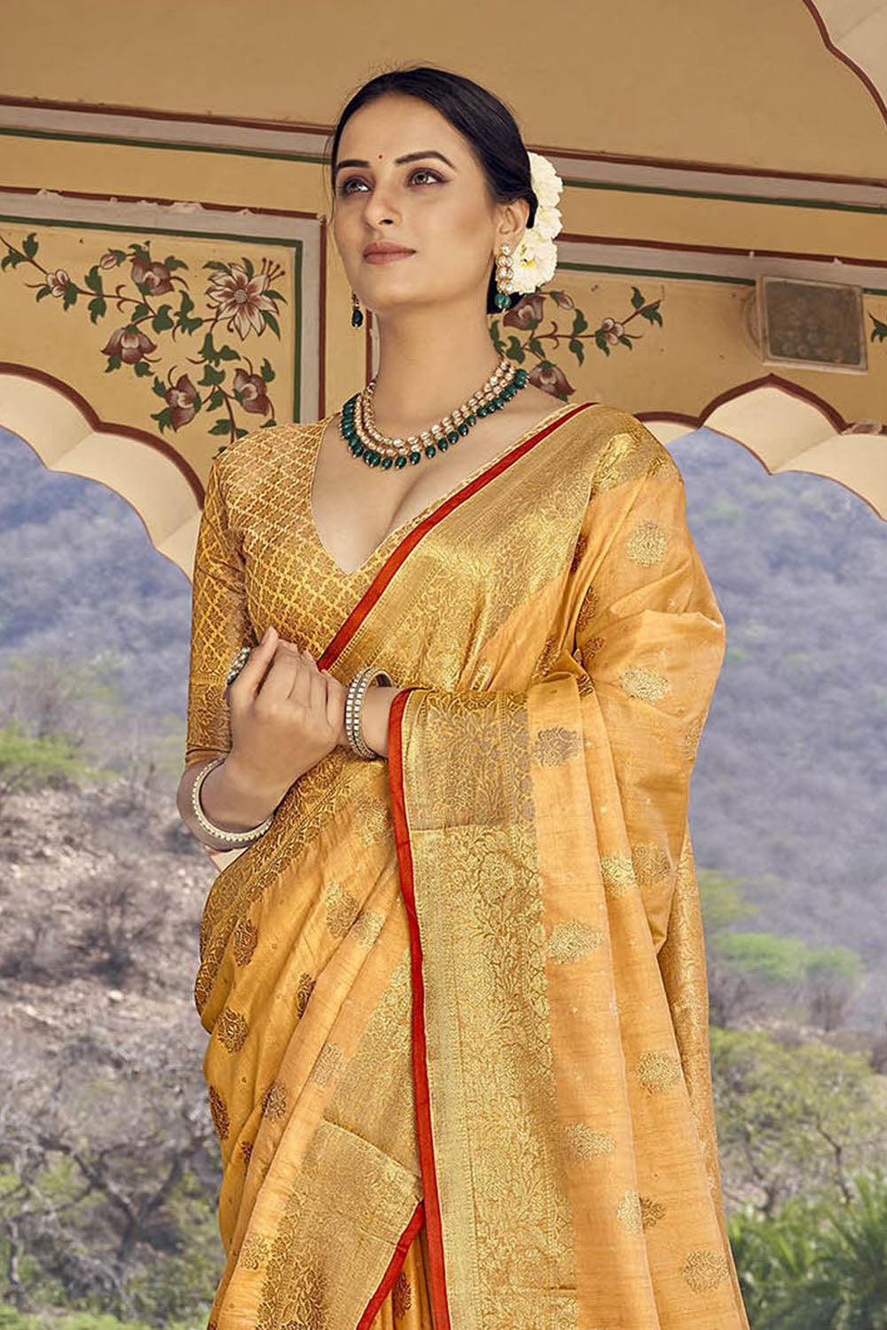 Honey Yellow Designer Tussar Silk Saree Blouse for Indian Wedding Reception