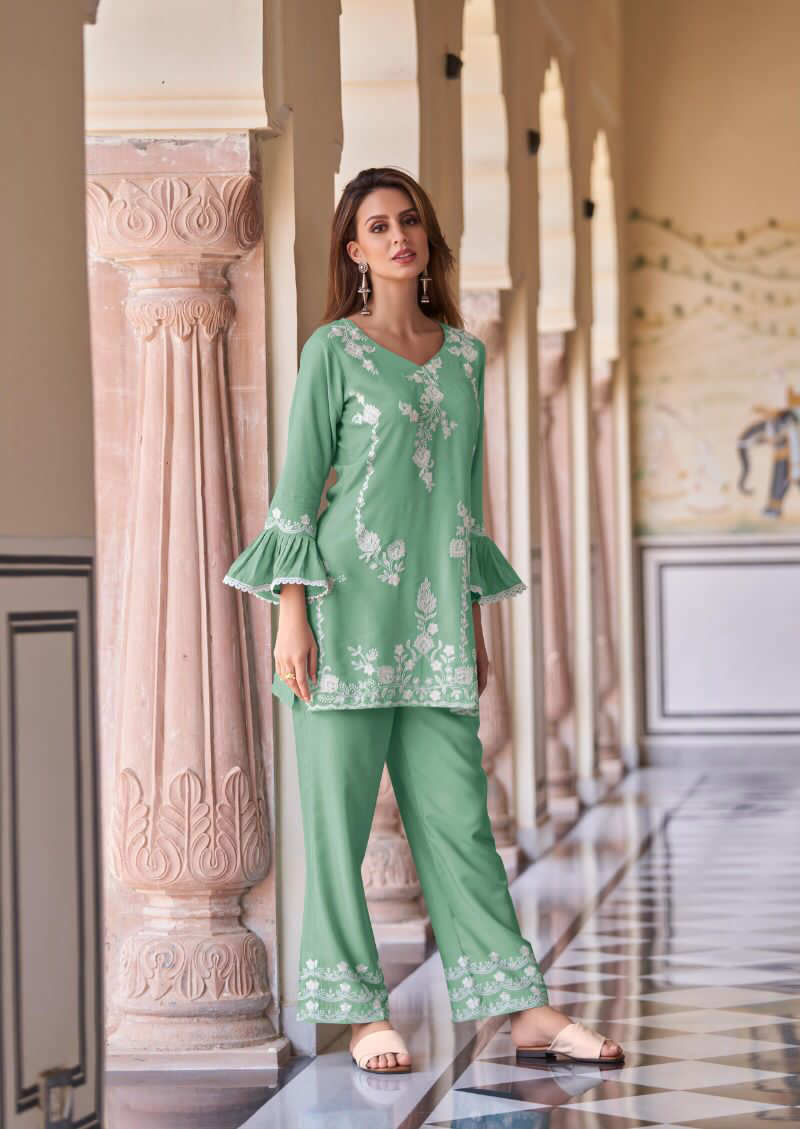 Light Teal Chikankari Stylish Pant Suit in Rayon Cotton