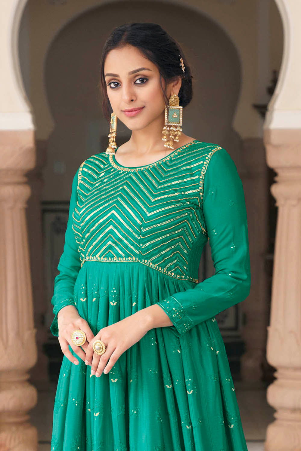 Dark Sea Green Thread Embroidered Soft Silk Salwar Suit with Dupatta