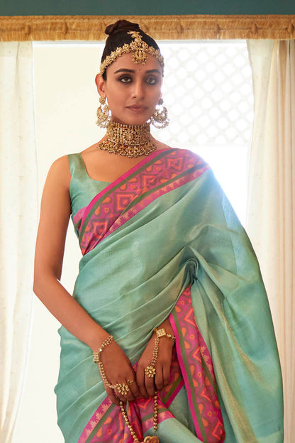 Mint Green Soft Kanjivaram Style Saree with Ekat Woven Border