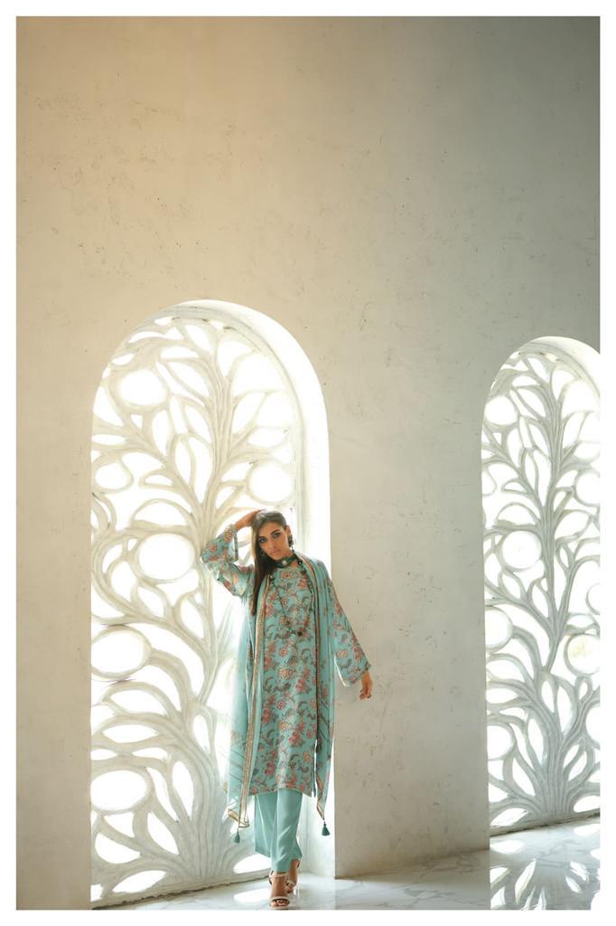 Sage Blue Floral Printed Pure Muslin Salwar Suit For Woman