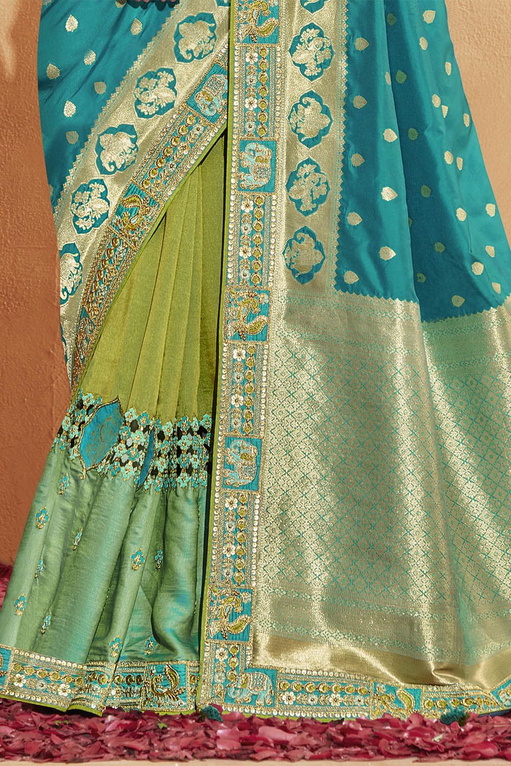 Light Blue with Green Stunning Designer Bridal Dola Silk Saree with Heavy Embroidered Blouse