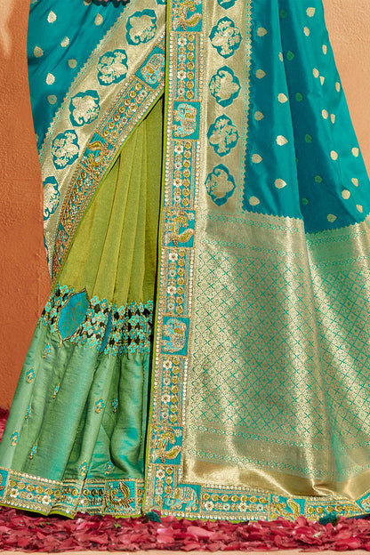 Light Blue with Green Stunning Designer Bridal Dola Silk Saree with Heavy Embroidered Blouse