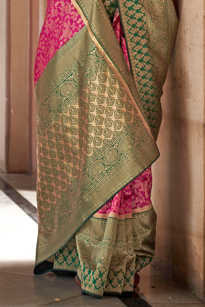 Queen Pink & Green Designer Kanjeevaram Style Trendy Bollywood Saree with Beautiful Blouse