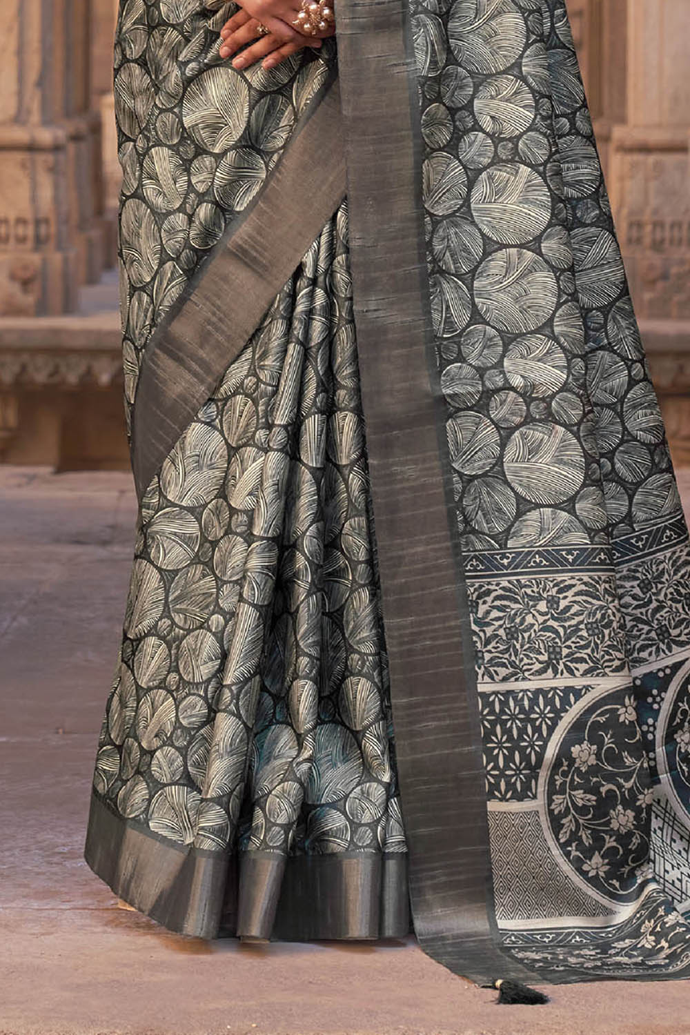 Vintage Grey  Soft Tussar Silk Floral Kalamkari Saree