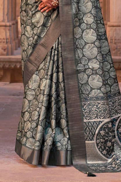 Vintage Grey  Soft Tussar Silk Floral Kalamkari Saree