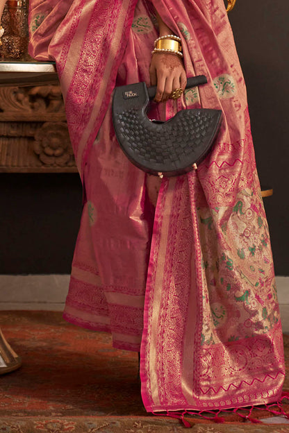 Rose Pink Soft Banarasi Silk with Menakari Butti and Khimkhab Style Blouse