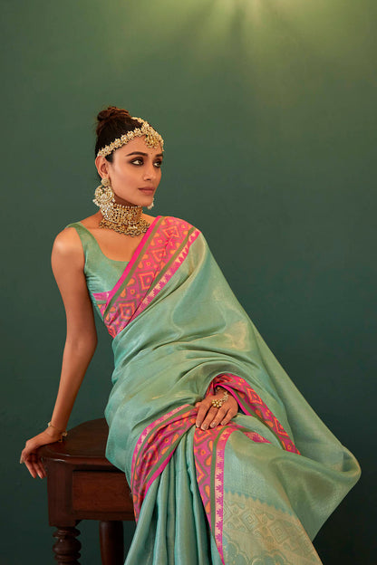 Mint Green Soft Kanjivaram Style Saree with Ekat Woven Border