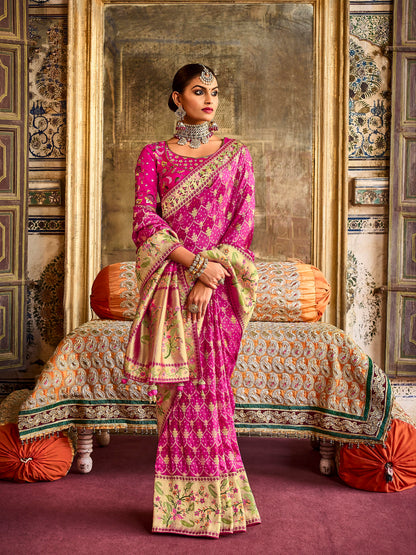 Shades of Pink Designer Bandhani Saree with Skirt Bordered Woven Paithani Design on Border