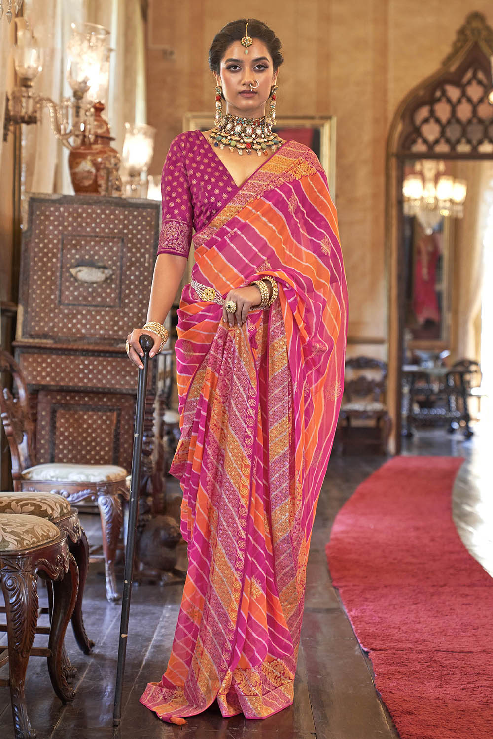 Dark Pink with Orange Leheriya Style Soft Georgette Saree with Heavy Embroidered Border