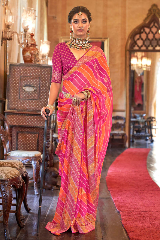 Dark Pink with Orange Leheriya Style Soft Georgette Saree with Heavy Embroidered Border