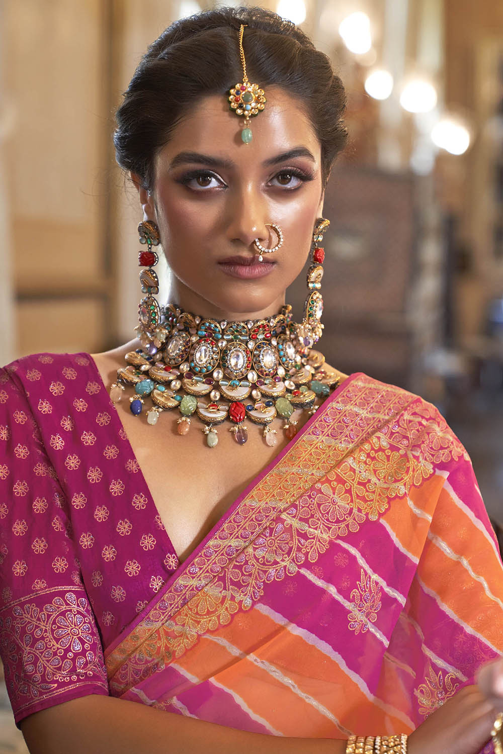 Dark Pink with Orange Leheriya Style Soft Georgette Saree with Heavy Embroidered Border