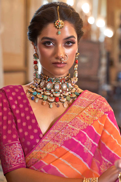 Dark Pink with Orange Leheriya Style Soft Georgette Saree with Heavy Embroidered Border