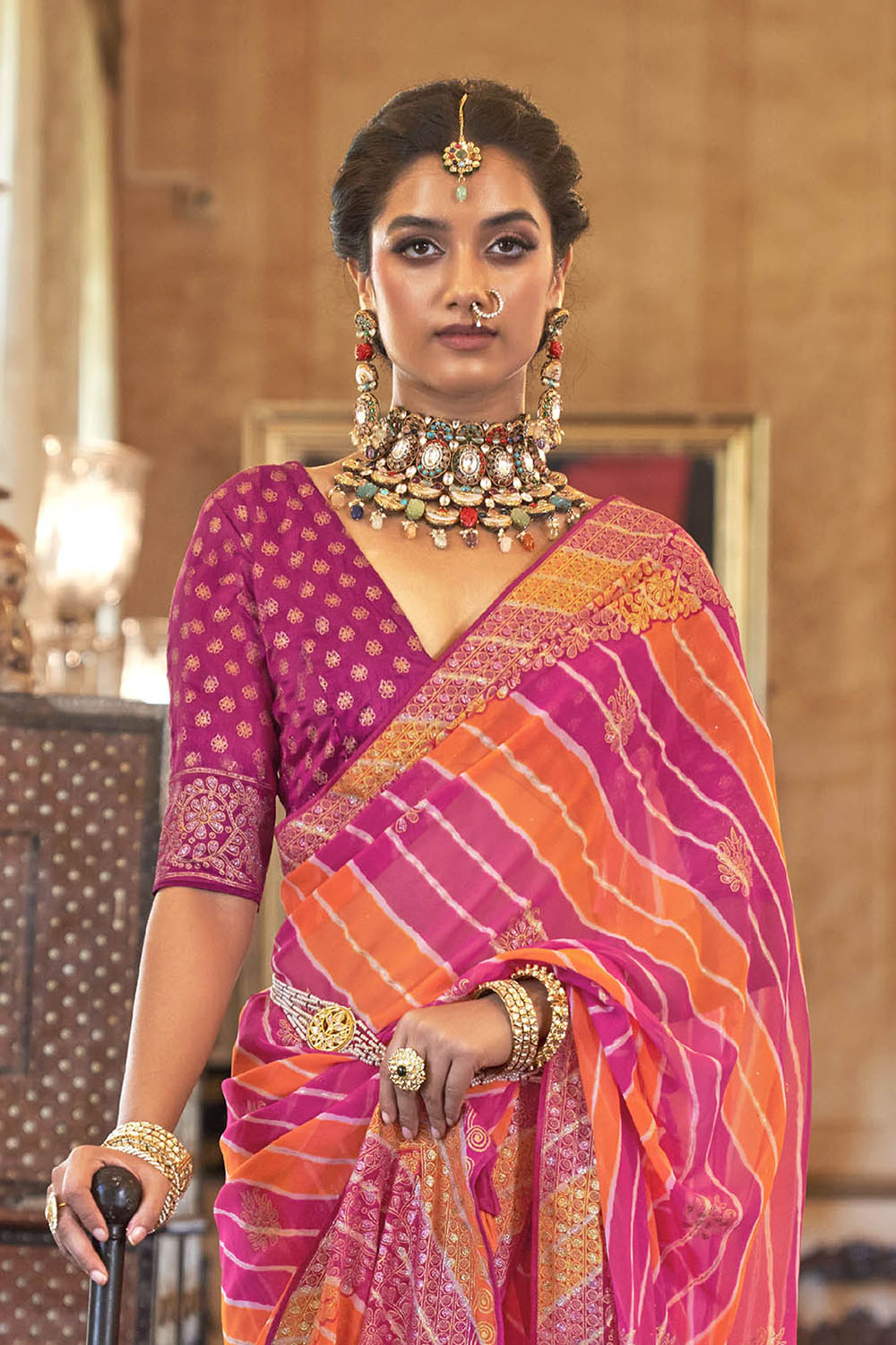 Banarasee Kota Checks Saree With Floral Buta & Border Design-Pink