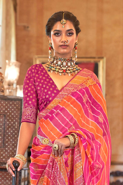 Dark Pink with Orange Leheriya Style Soft Georgette Saree with Heavy Embroidered Border