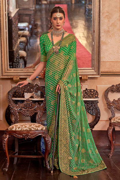 Dark Green Leheriya Style Soft Georgette Saree with Heavy Embroidered Border