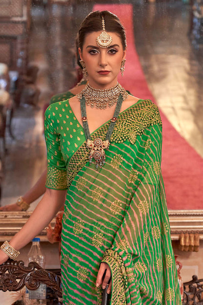 Dark Green Leheriya Style Soft Georgette Saree with Heavy Embroidered Border