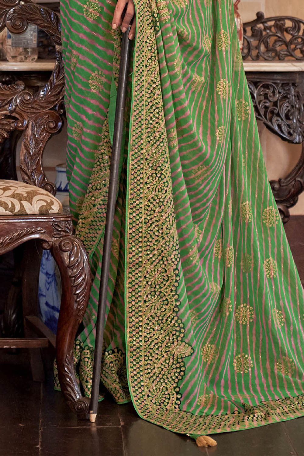 Dark Green Leheriya Style Soft Georgette Saree with Heavy Embroidered Border