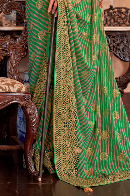 Dark Green Leheriya Style Soft Georgette Saree with Heavy Embroidered Border