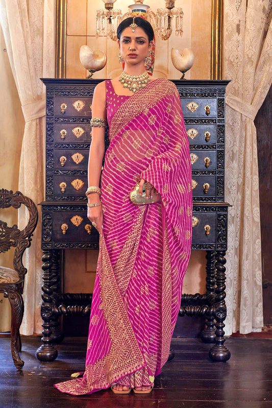 Light Pink Leheriya Style Soft Georgette Saree with Heavy Embroidered Border