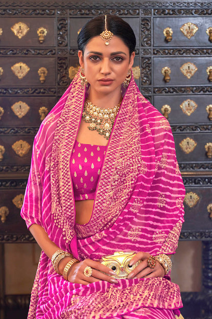 Light Pink Leheriya Style Soft Georgette Saree with Heavy Embroidered Border