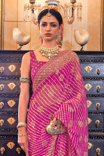 Light Pink Leheriya Style Soft Georgette Saree with Heavy Embroidered Border