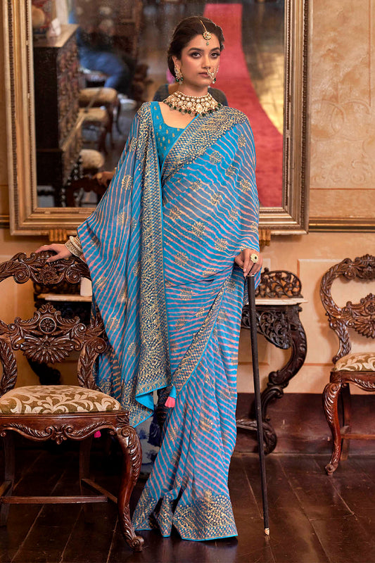 Powder Blue Leheriya Style Soft Georgette Saree with Heavy Embroidered Border