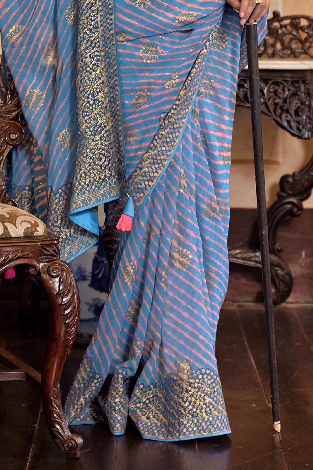 Powder Blue Leheriya Style Soft Georgette Saree with Heavy Embroidered Border