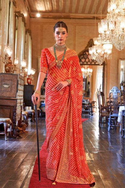 Candy Orange Leheriya Style Soft Georgette Saree with Heavy Embroidered Border
