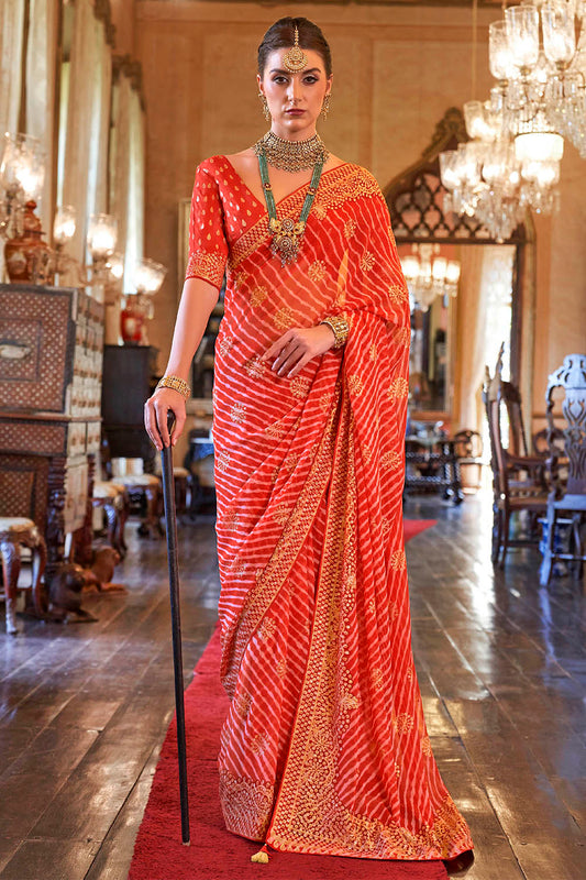 Candy Orange Leheriya Style Soft Georgette Saree with Heavy Embroidered Border