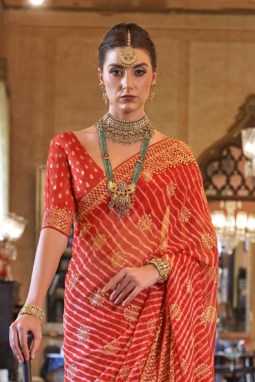 Candy Orange Leheriya Style Soft Georgette Saree with Heavy Embroidered Border