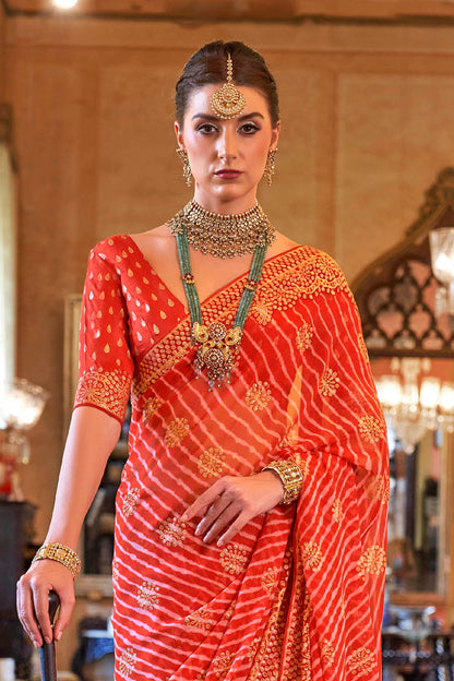 Candy Orange Leheriya Style Soft Georgette Saree with Heavy Embroidered Border