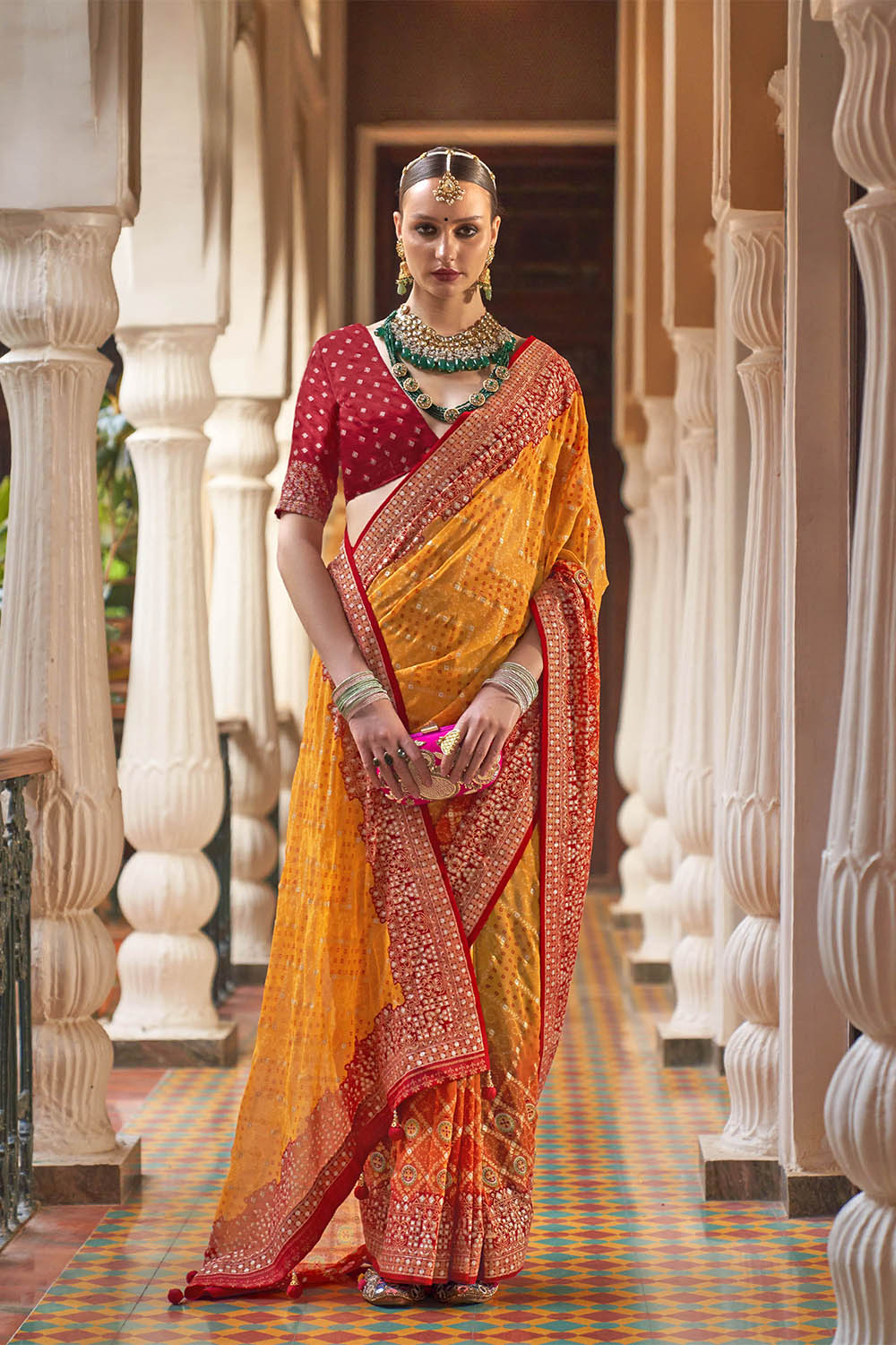 Persimmon Orange Leheriya Style Soft Georgette Saree with Heavy Embroidered Border