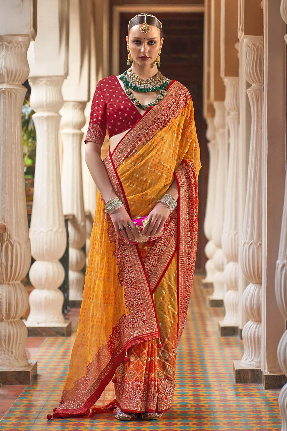 Persimmon Orange Leheriya Style Soft Georgette Saree with Heavy Embroidered Border