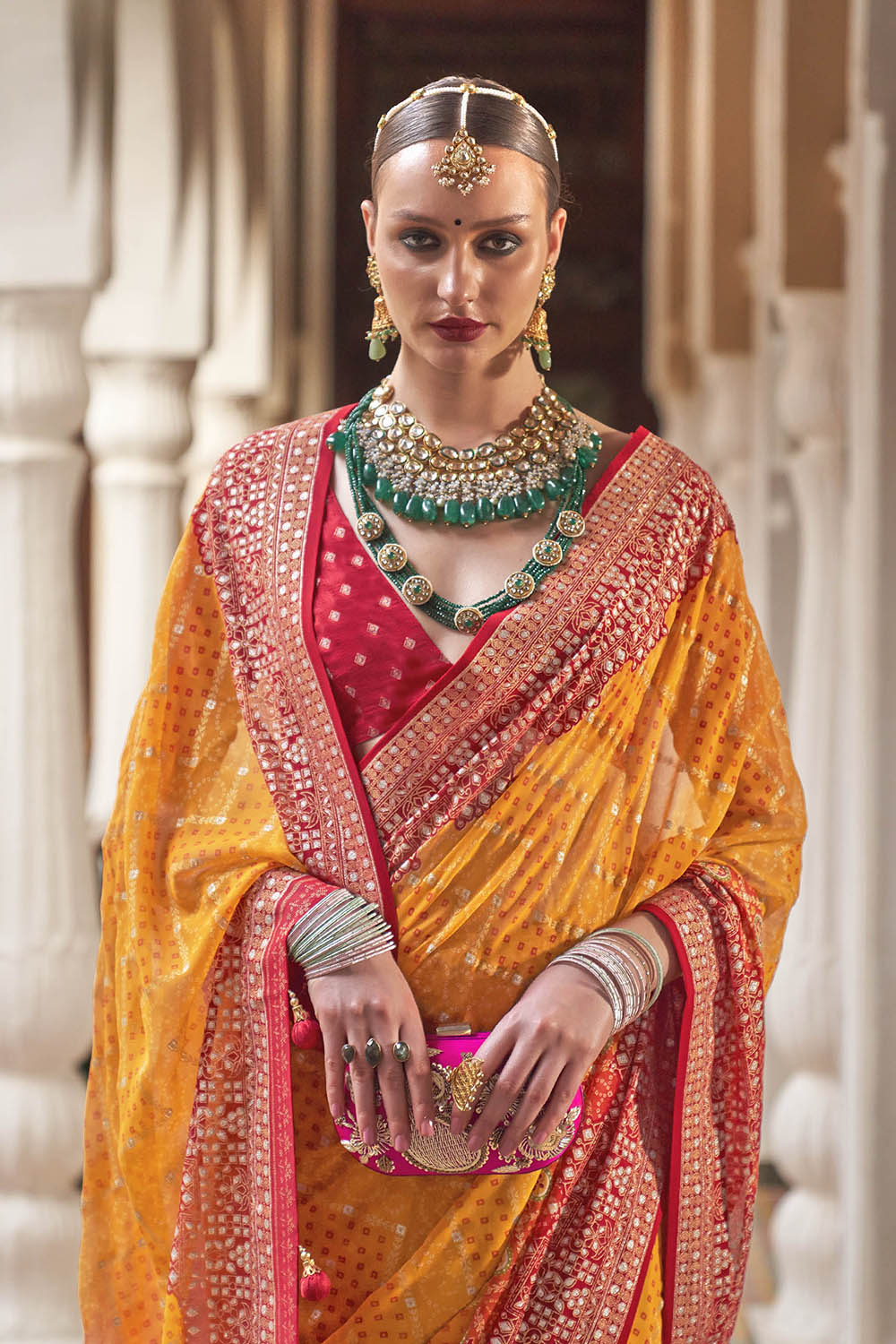 Persimmon Orange Leheriya Style Soft Georgette Saree with Heavy Embroidered Border