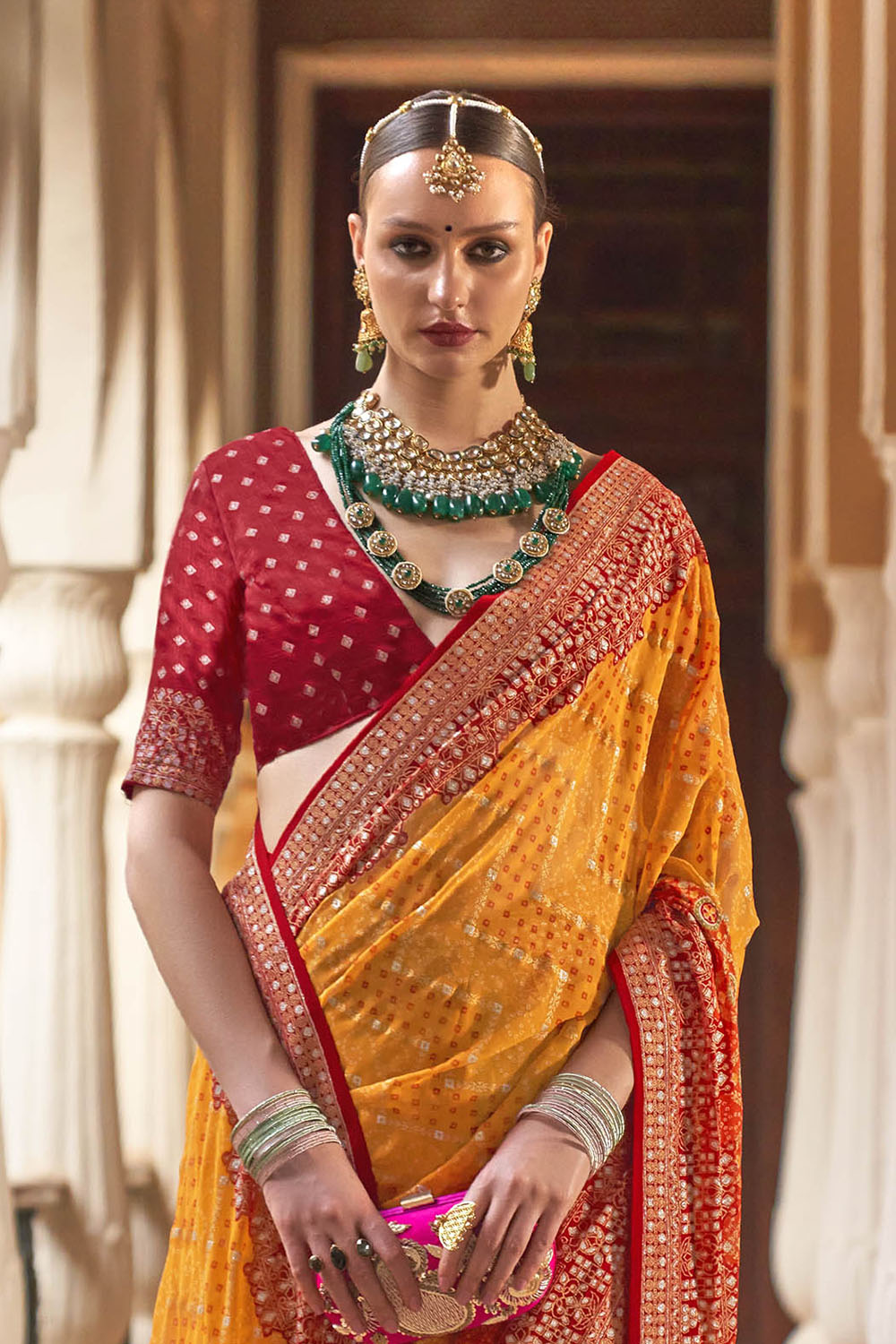 Persimmon Orange Leheriya Style Soft Georgette Saree with Heavy Embroidered Border