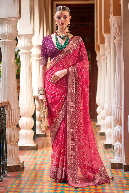 Jellyfish Pink Leheriya Style Soft Georgette Saree with Heavy Embroidered Border