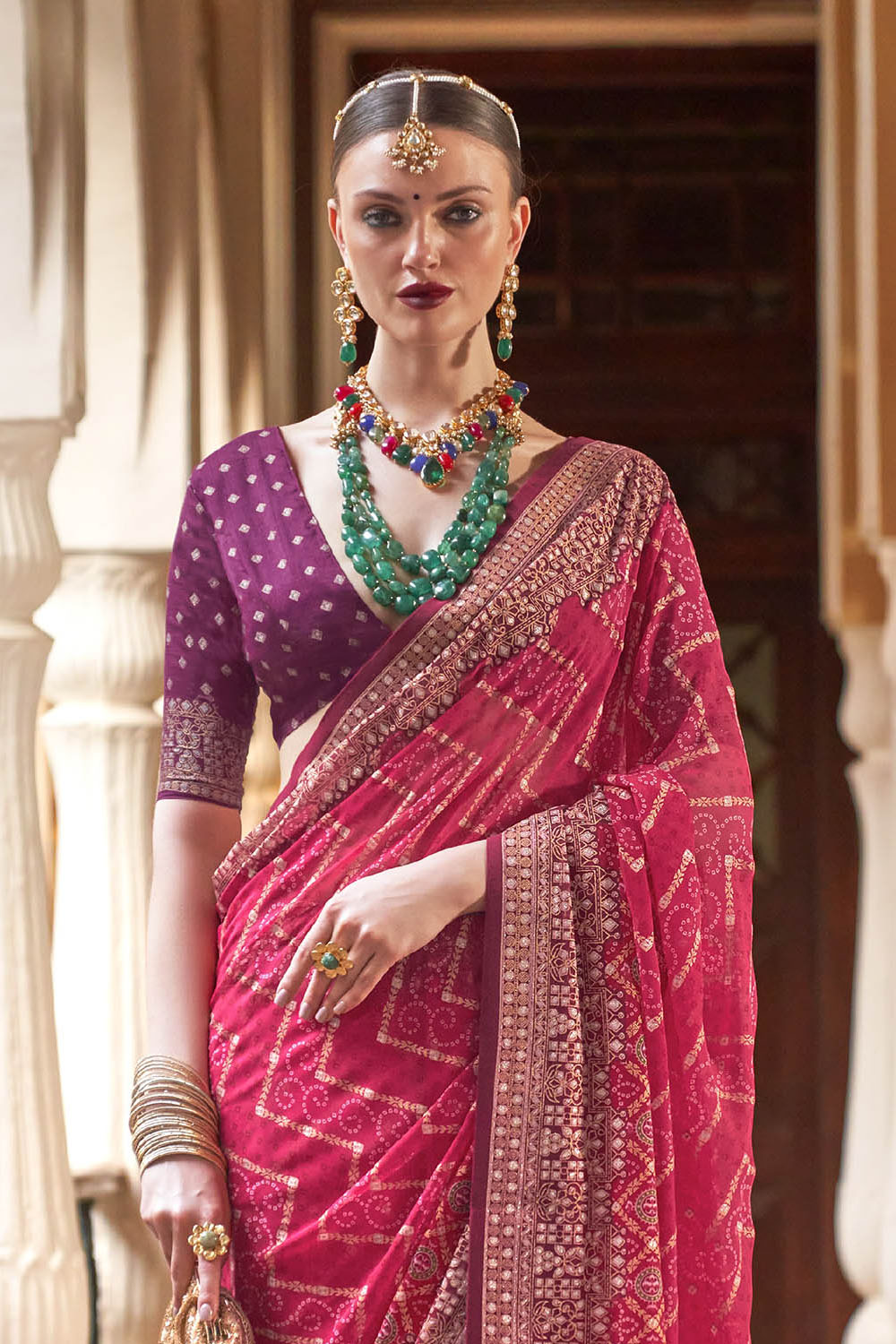 Jellyfish Pink Leheriya Style Soft Georgette Saree with Heavy Embroidered Border