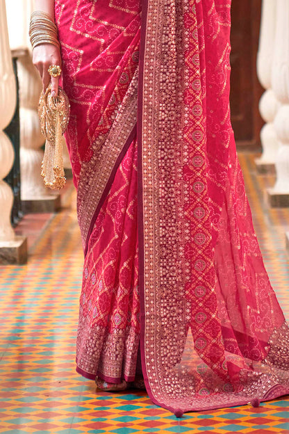 Jellyfish Pink Leheriya Style Soft Georgette Saree with Heavy Embroidered Border
