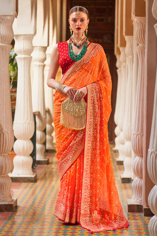 Fanta Orange Leheriya Style Soft Georgette Saree with Heavy Embroidered Border