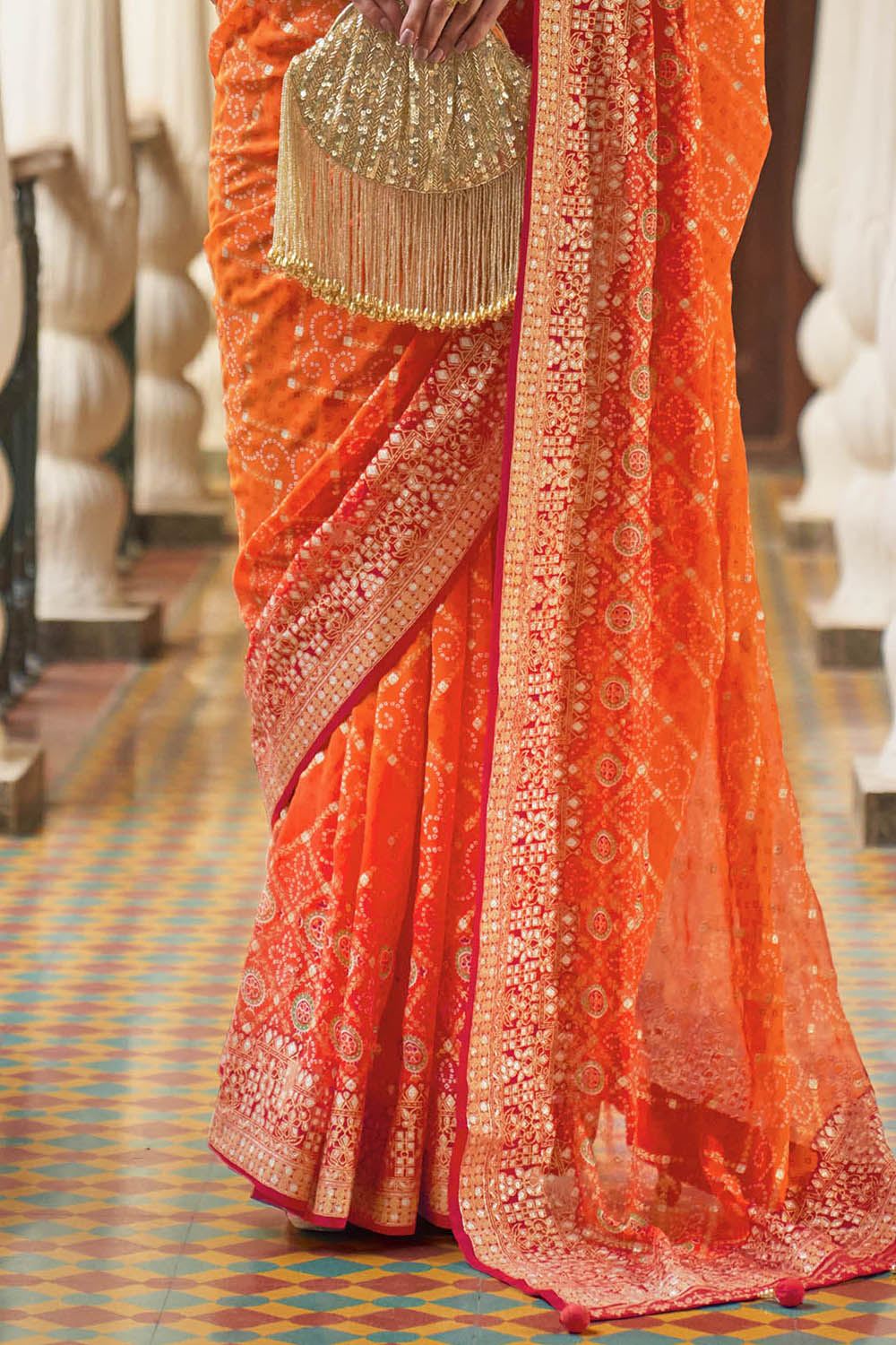 Fanta Orange Leheriya Style Soft Georgette Saree with Heavy Embroidered Border