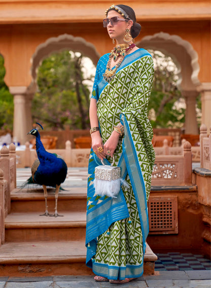 Dark Olive with Blue Soft Floral Printed Saree with Ekat Border and Pallu