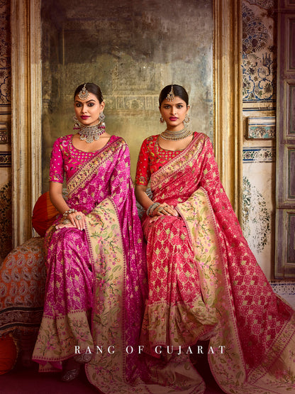 Shades of Pink Designer Bandhani Saree with Skirt Bordered Woven Paithani Design on Border