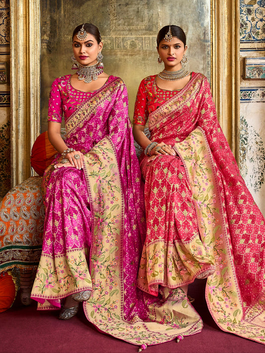 Shades of Pink Designer Bandhani Saree with Skirt Bordered Woven Paithani Design on Border