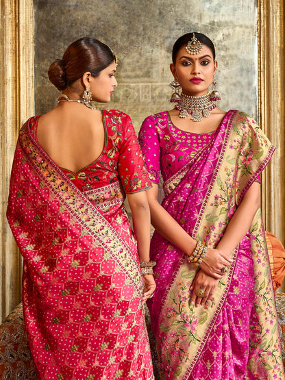 Shades of Pink Designer Bandhani Saree with Skirt Bordered Woven Paithani Design on Border