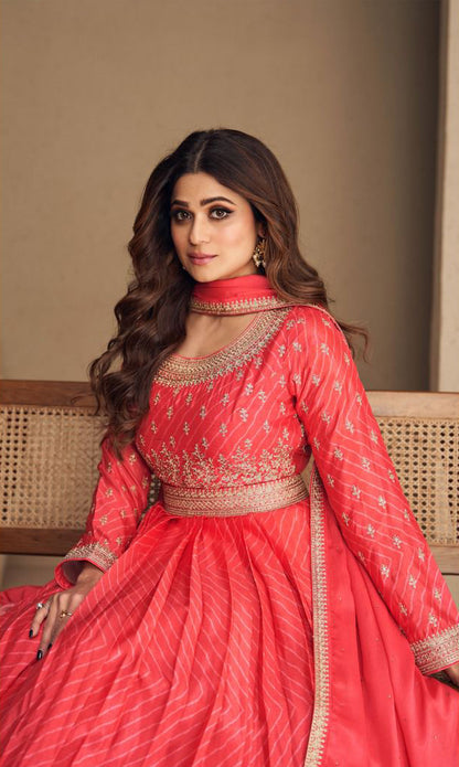 Coral Pink  Soft Silk Floor Length Anarkali Suit with Dupatta