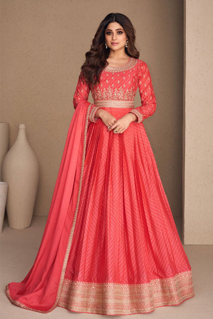 Coral Pink  Soft Silk Floor Length Anarkali Suit with Dupatta